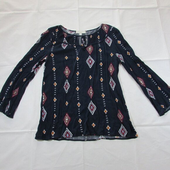 Weekend Women's XL Long Sleeve Aztec Southwestern Gauze Blouse Top Navy - Picture 1 of 5